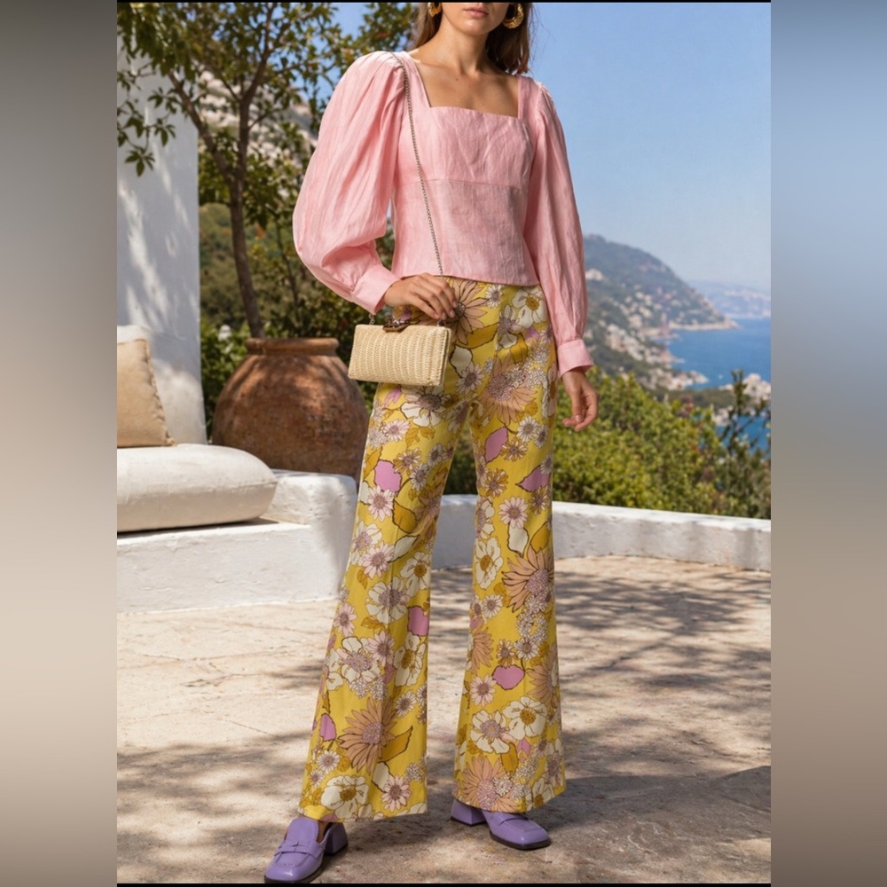 Sandro T1 Pink Linen Blouse with puff sleeves